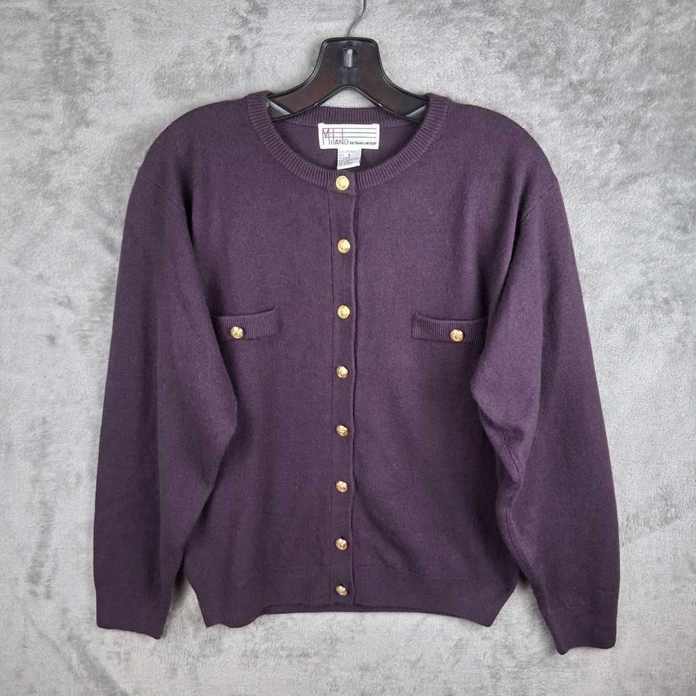 Milano Design Group Cardigan Womens L Purple Gold Buttons Vintage 90s